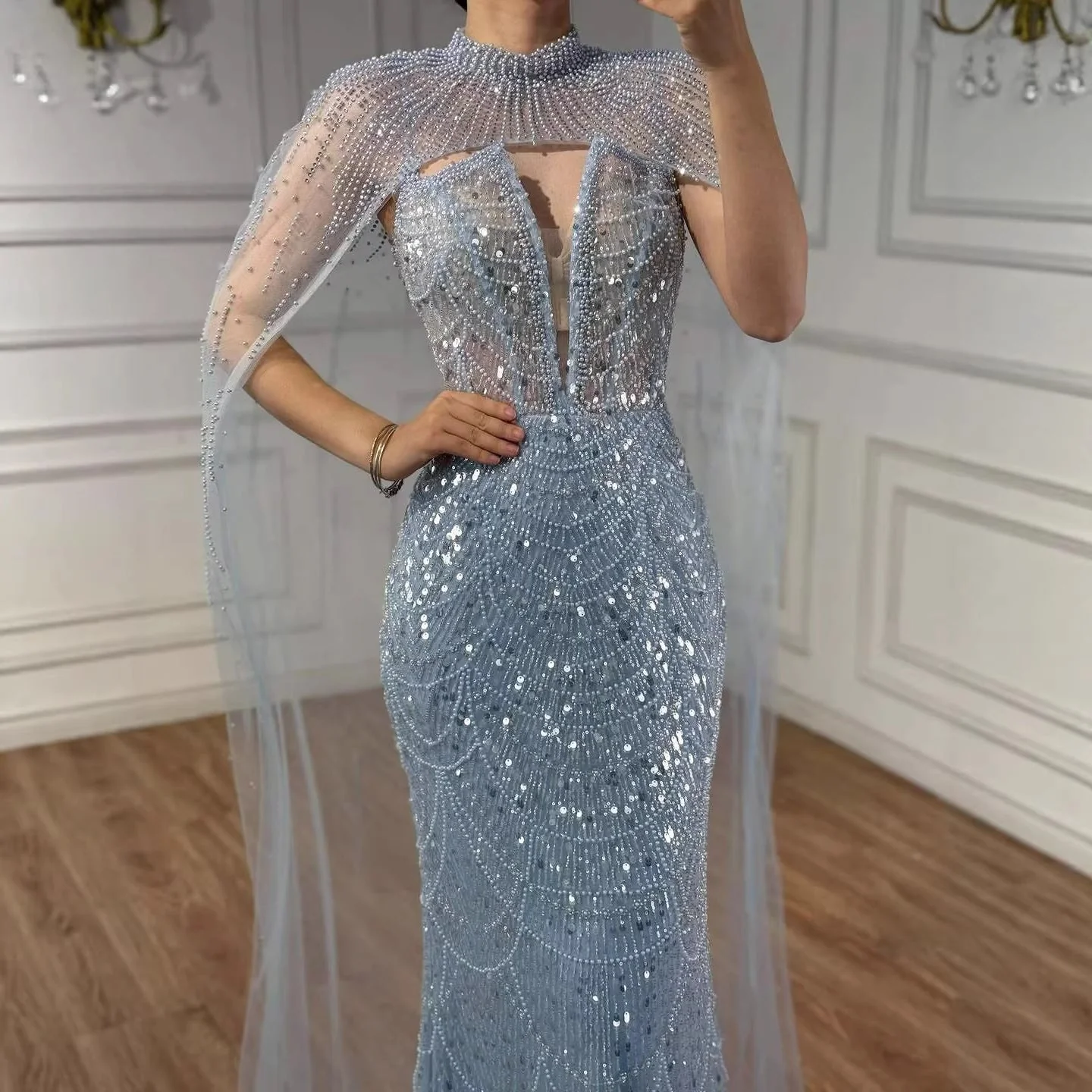 Luxury Evening Dress Nude Pearls Beaded Gown With Tulle Train LA72189A - Image 16