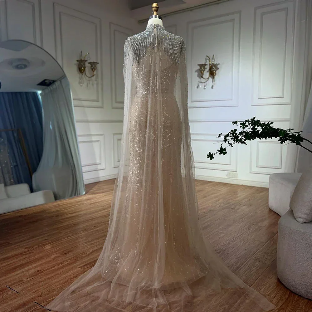 Luxury Evening Dress Nude Pearls Beaded Gown With Tulle Train LA72189A - Image 18