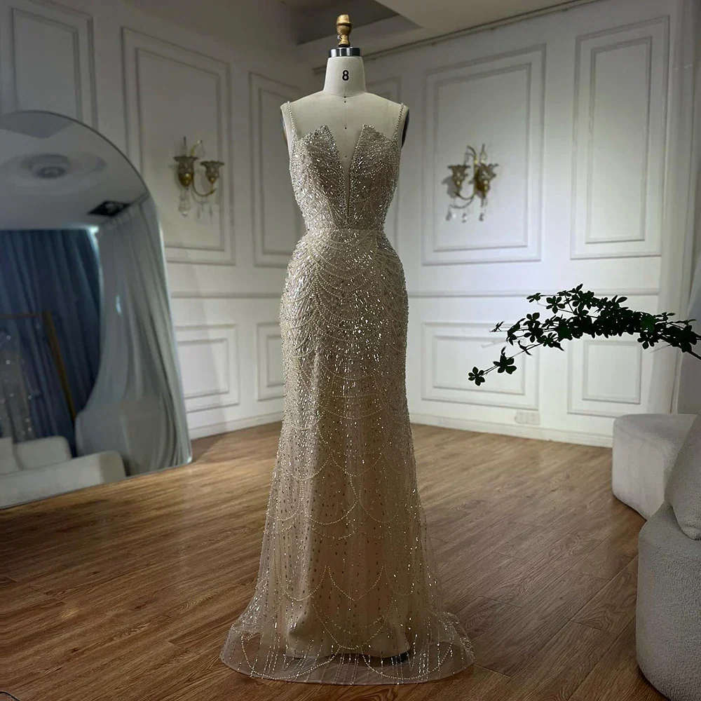Luxury Evening Dress Nude Pearls Beaded Gown With Tulle Train LA72189A - Image 19