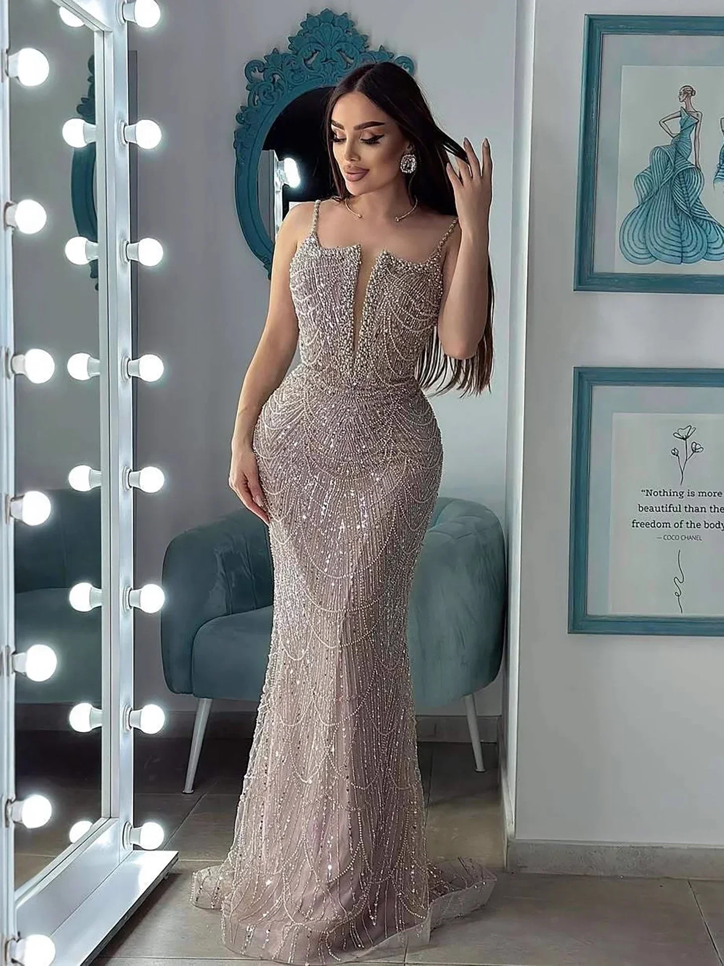 Luxury Evening Dress Nude Pearls Beaded Gown With Tulle Train LA72189A - Image 25