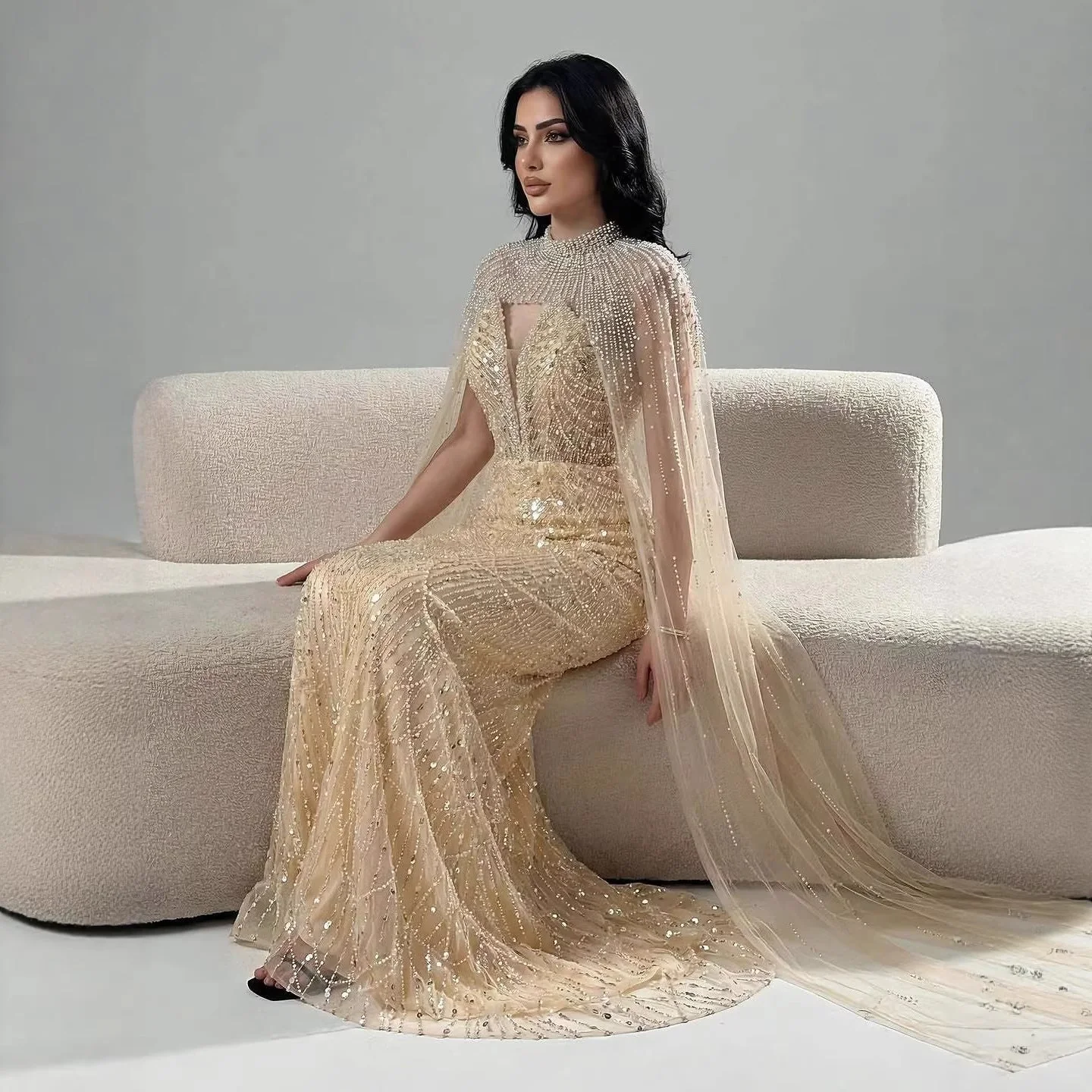 Luxury Evening Dress Nude Pearls Beaded Gown With Tulle Train LA72189A - Image 9