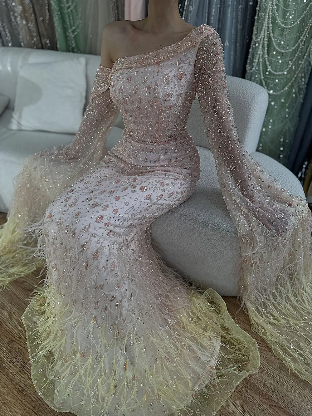 Luxury Feather One Shoulder Evening Dress with Cape Sleeves LA72763 - Image 10