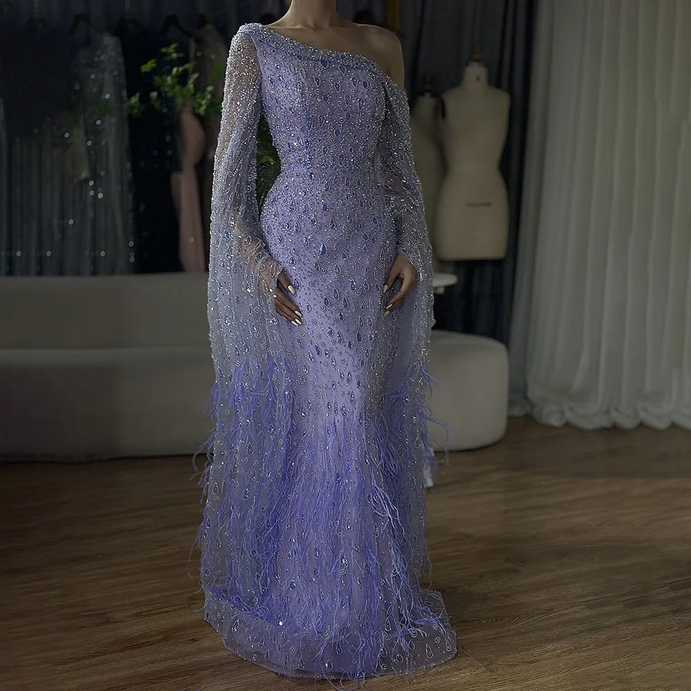 Luxury Feather One Shoulder Evening Dress with Cape Sleeves LA72763 - Image 12