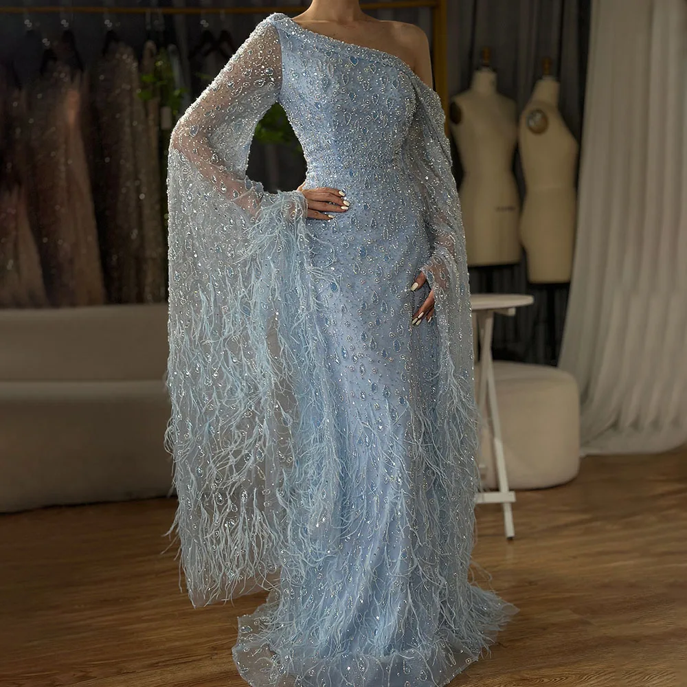 Luxury Feather One Shoulder Evening Dress with Cape Sleeves LA72763 - Image 4