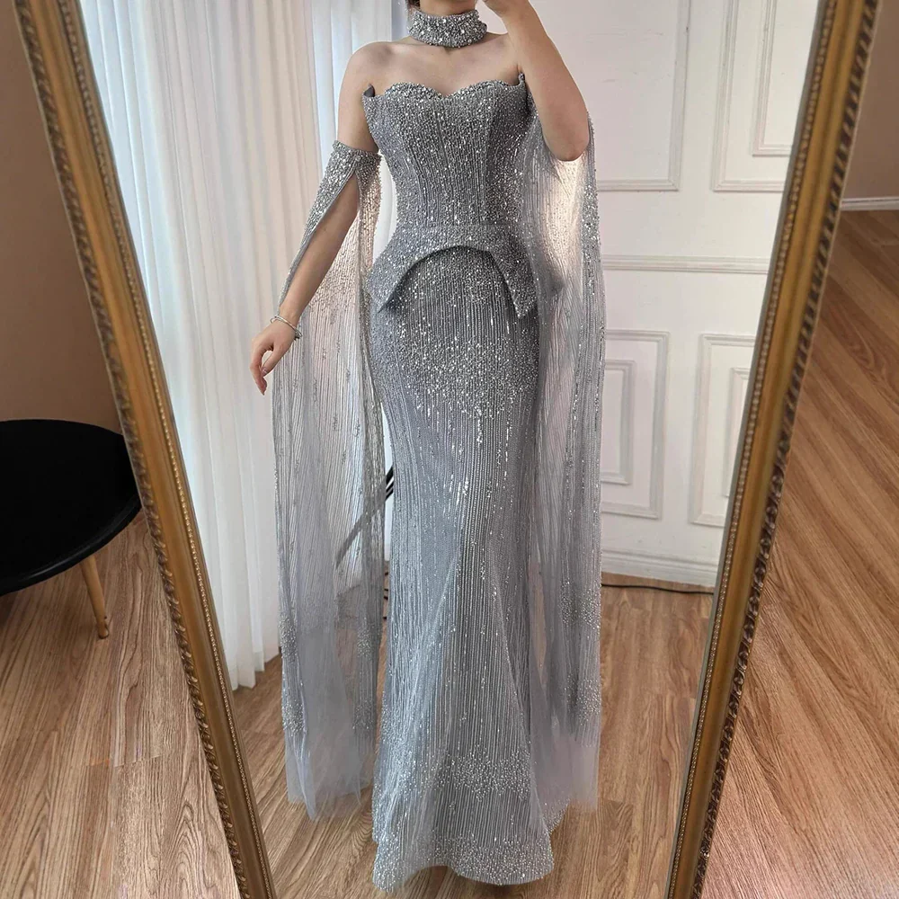 Luxury Gray Beaded Off-Shoulder Evening Dress with Cape Sleeves - Image 2