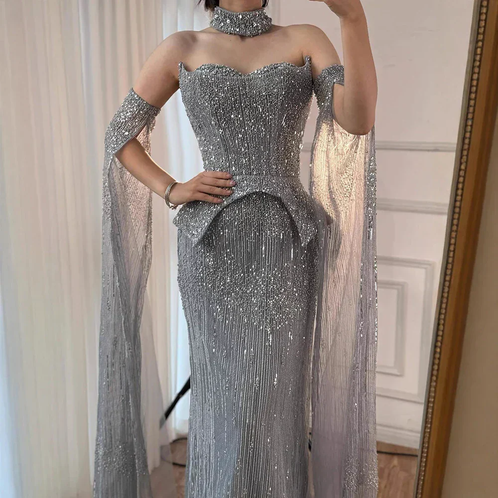 Luxury Gray Beaded Off-Shoulder Evening Dress with Cape Sleeves - Image 7