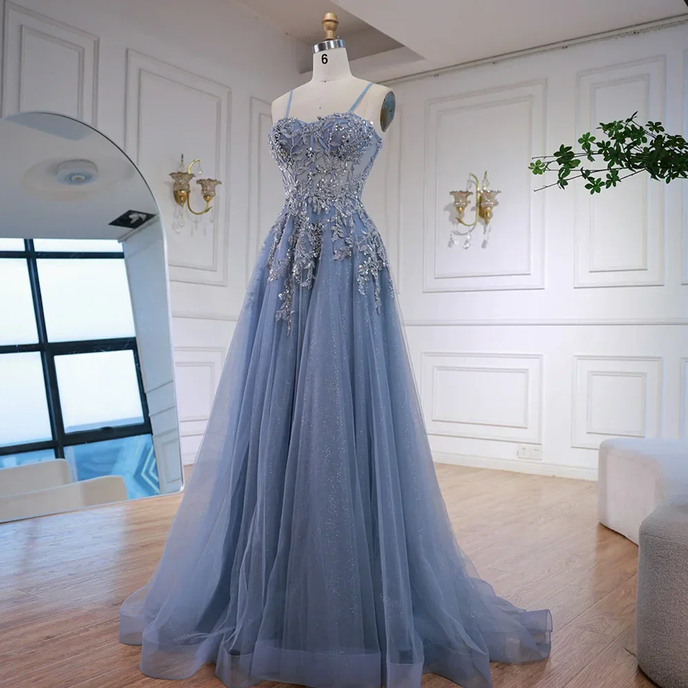 Luxury Gray Tulle A Line Prom Dress with Floral Appliques - Image 2