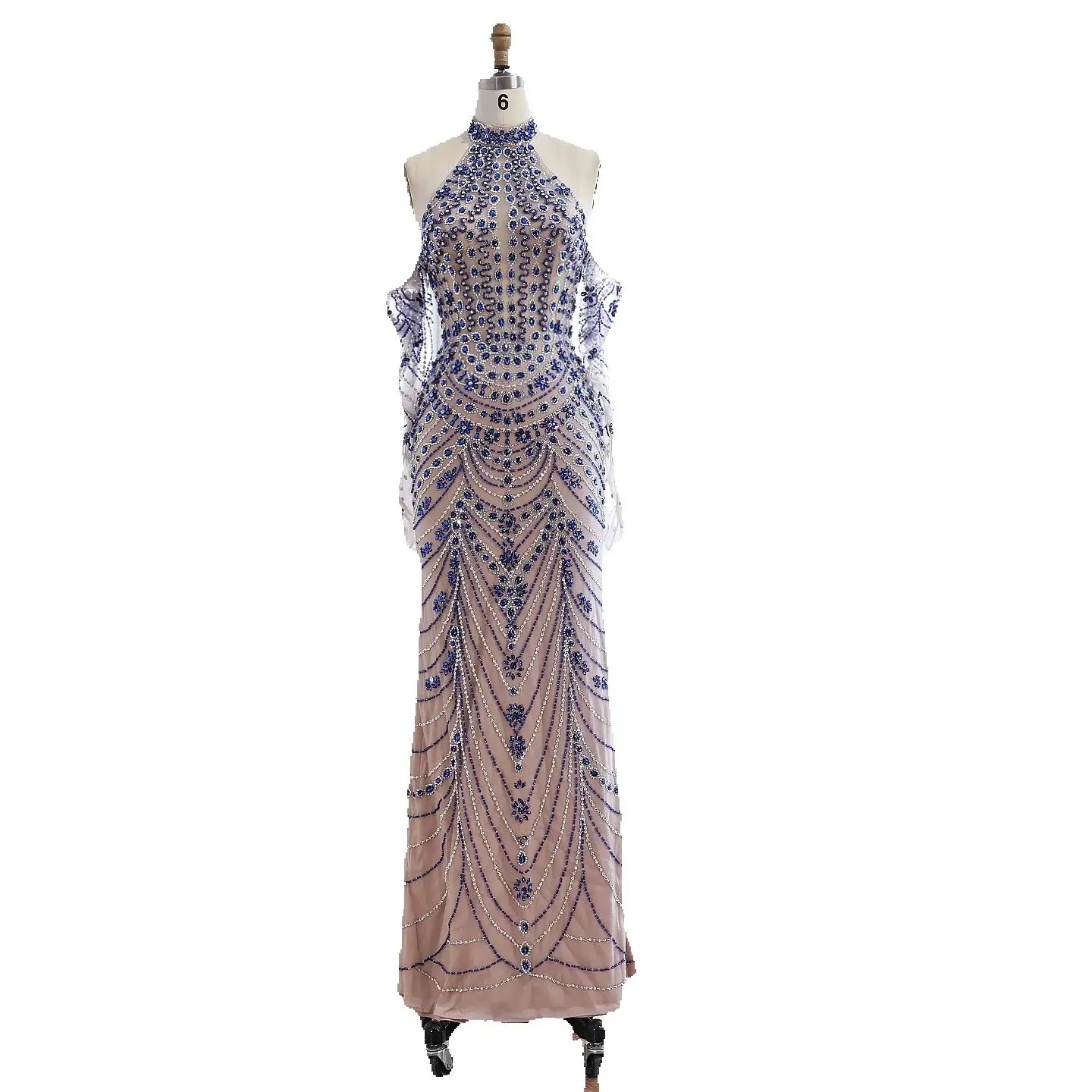 Luxury Kosovo Blue Evening Dress With Gloves - Image 4