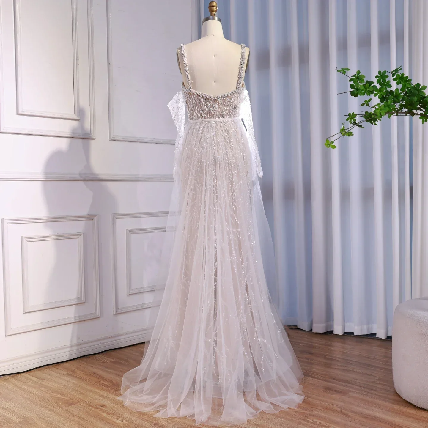 Luxury Lace Pearls Mermaid Evening Dress With Glove White Nude LA72345E - Image 4