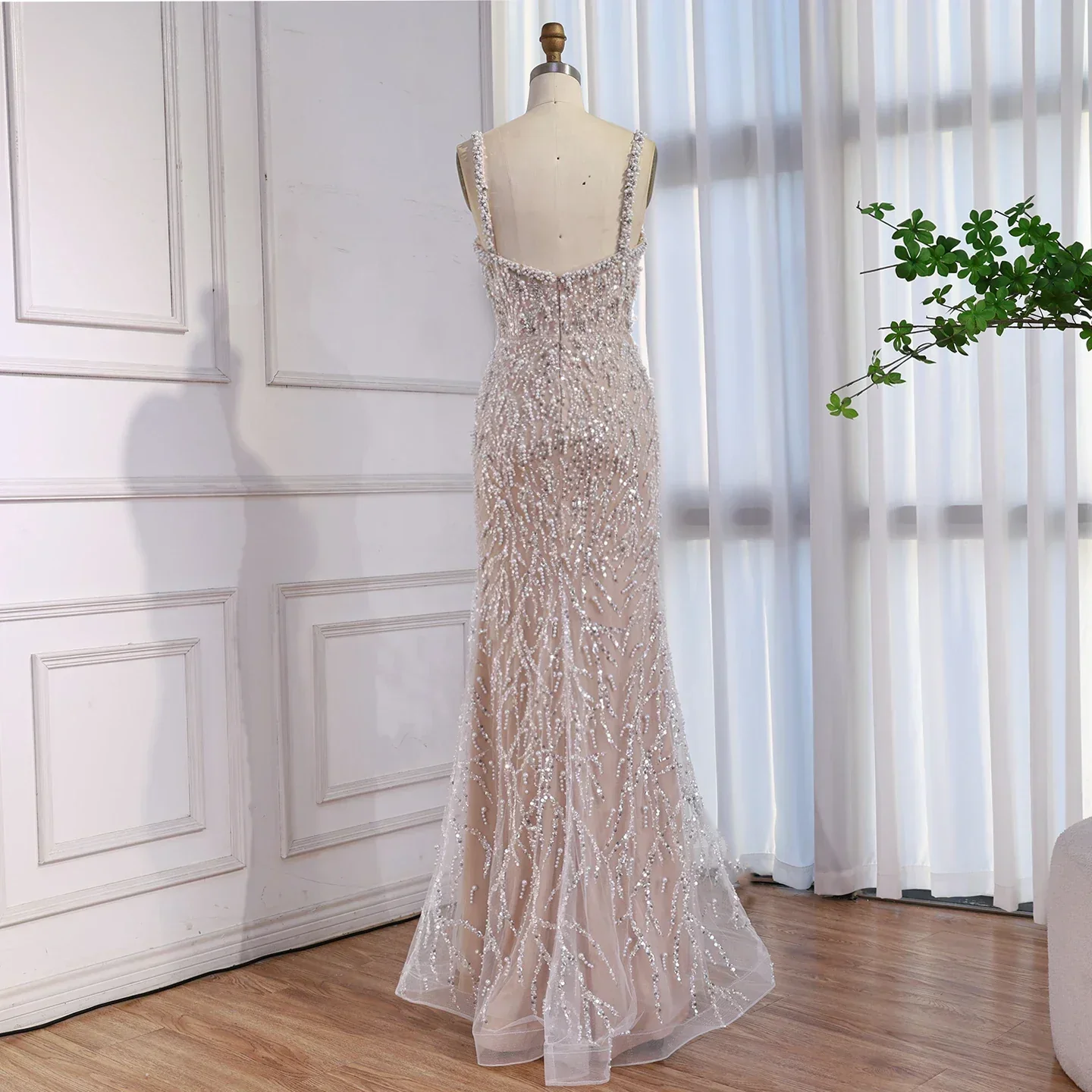 Luxury Lace Pearls Mermaid Evening Dress With Glove White Nude LA72345E - Image 6