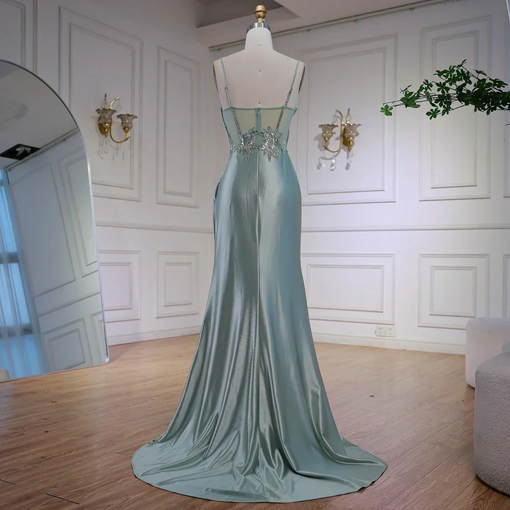 Luxury Mint Green Satin Beaded Prom Dress with Slit LA72995 - Image 4