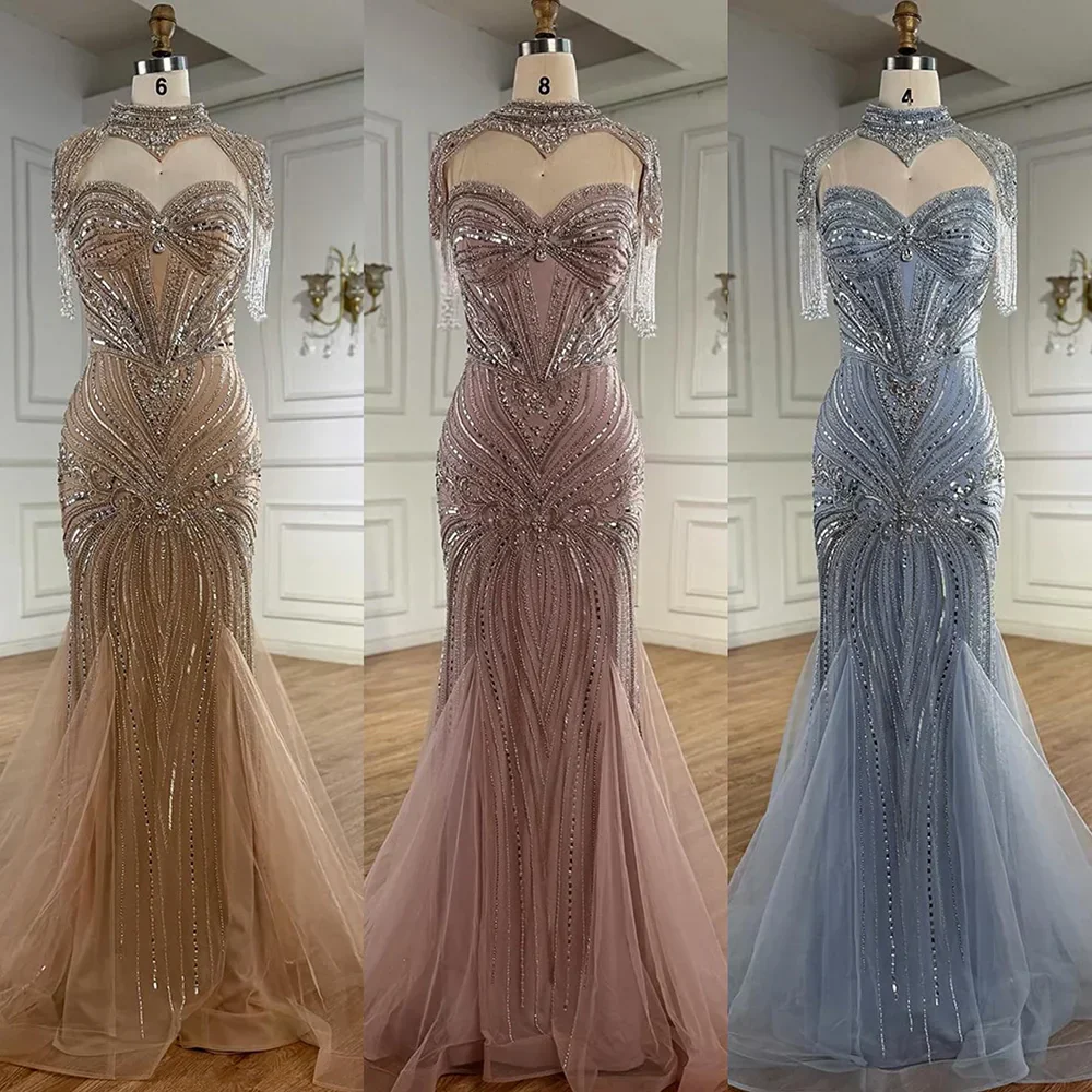 Luxury Nude Beaded High Neck Mermaid Evening Dress LA72897 - Image 4