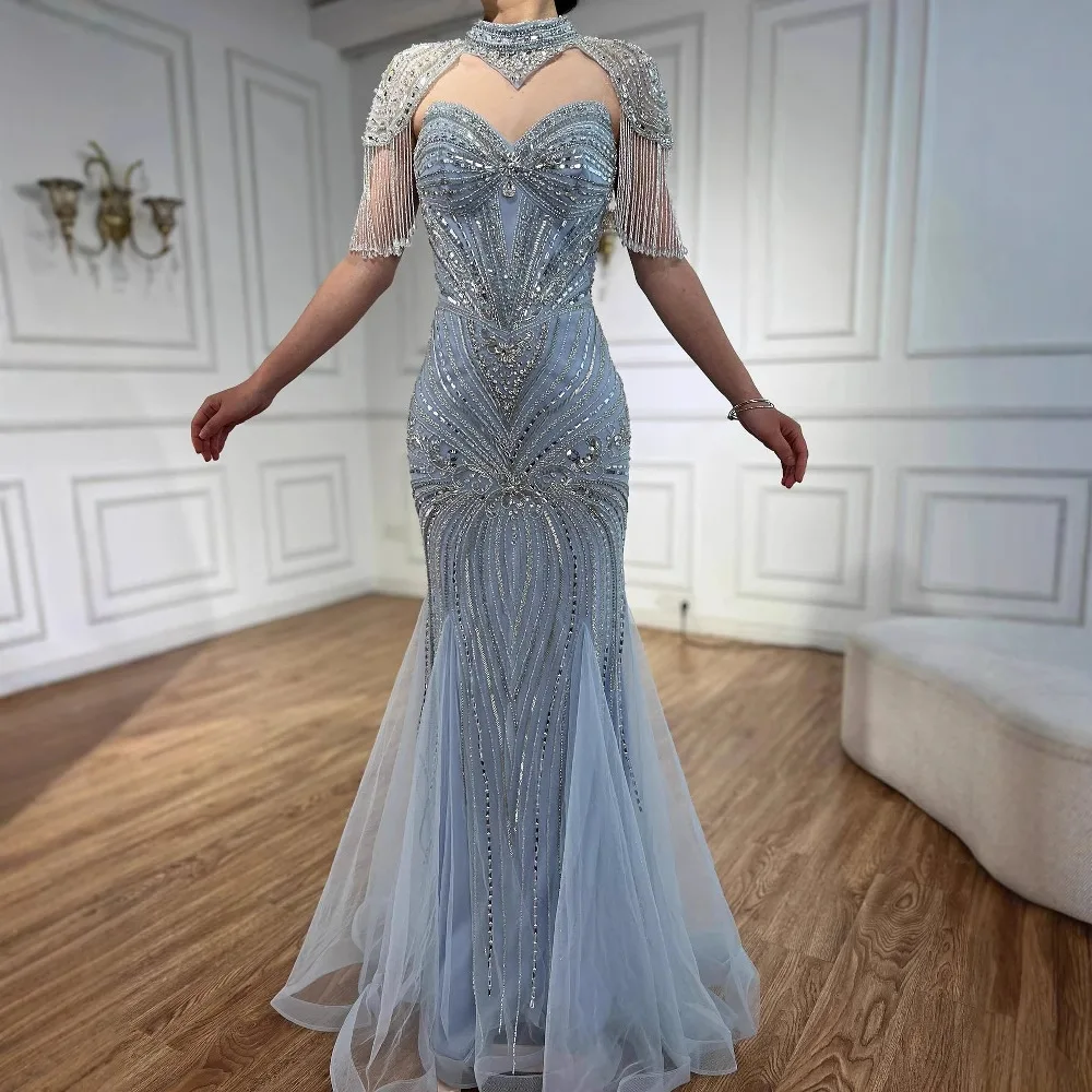 Luxury Nude Beaded High Neck Mermaid Evening Dress LA72897 - Image 5