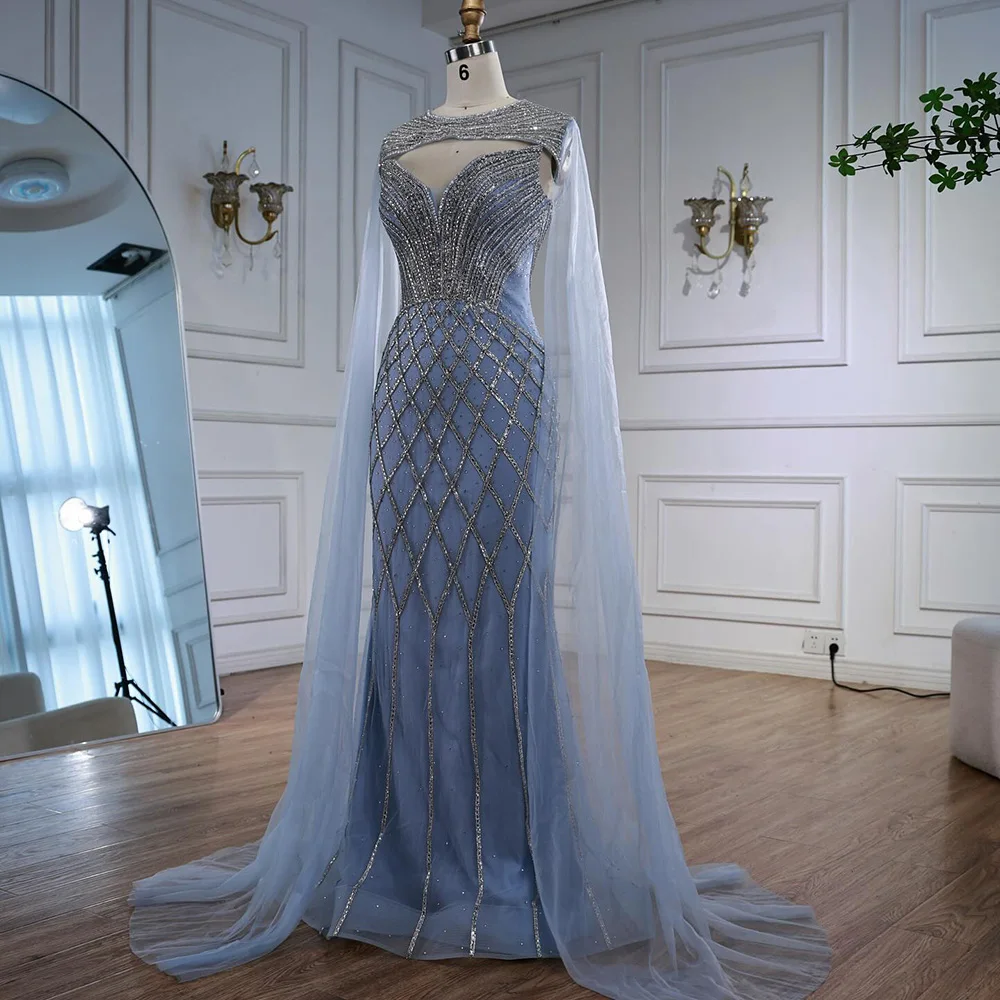 Luxury Nude Beaded Mermaid Evening Dress with Cape - Image 16