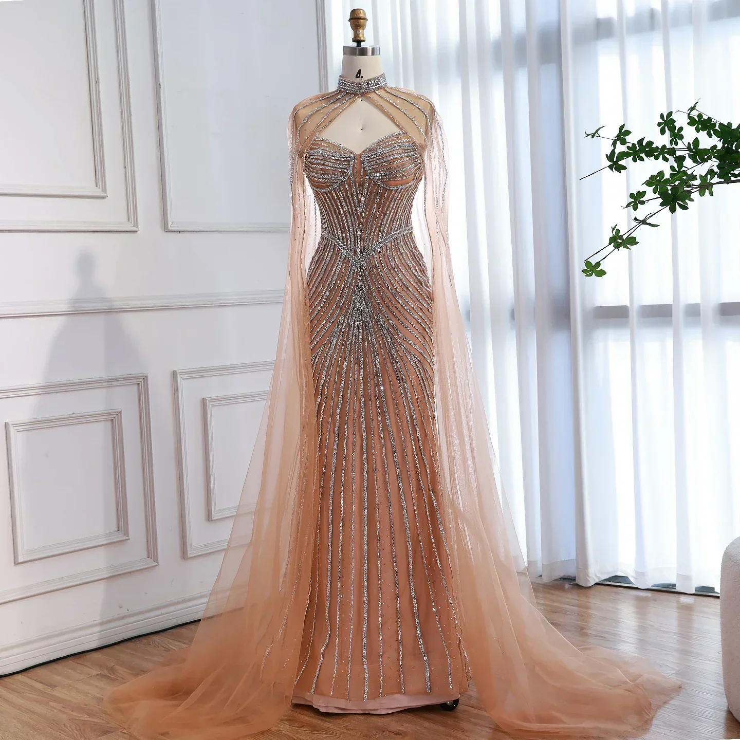 Luxury Nude Mermaid Evening Dress with Cape Sleeves - Image 11