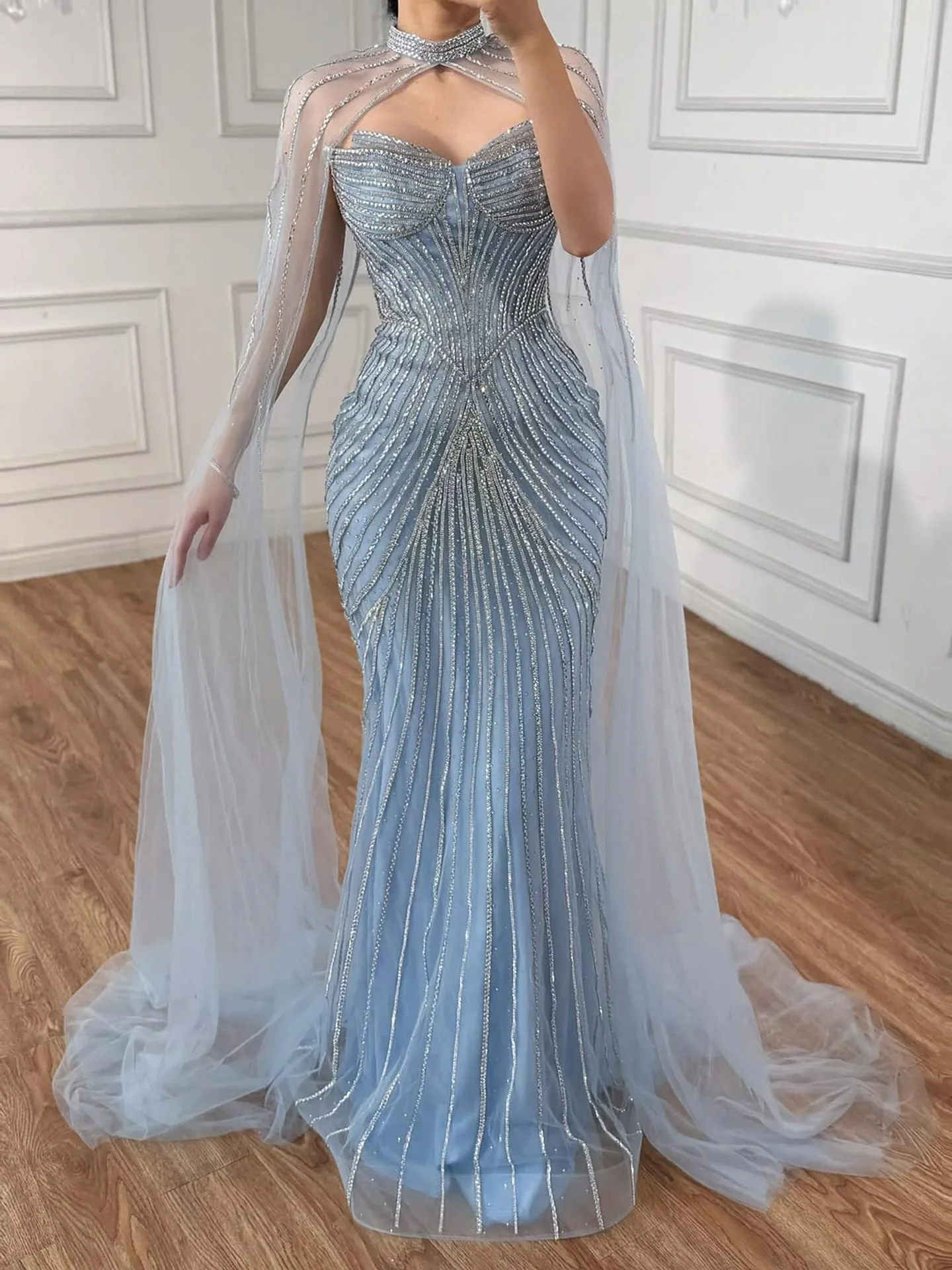 Luxury Nude Mermaid Evening Dress with Cape Sleeves - Image 17