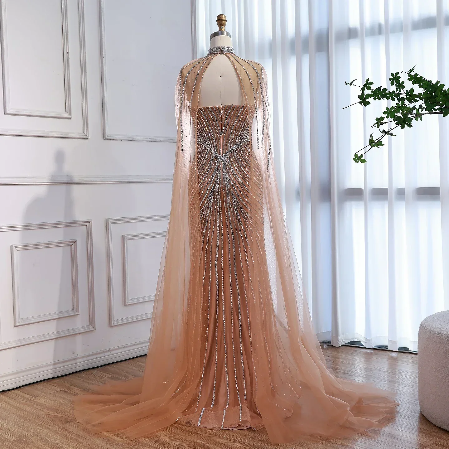 Luxury Nude Mermaid Evening Dress with Cape Sleeves - Image 3