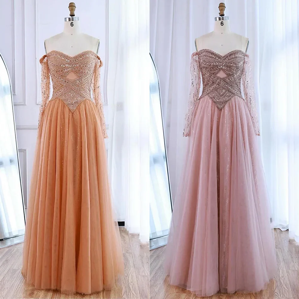 Luxury Nude Off Shoulder A-Line Beaded Evening Dress - Image 3