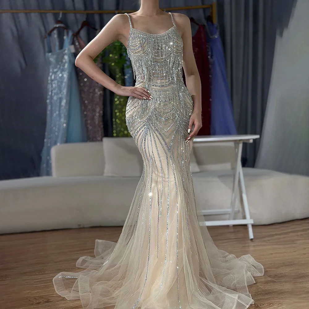 Luxury Nude Pink Crystal Tassel Mermaid Evening Dress LA72772 - Image 6