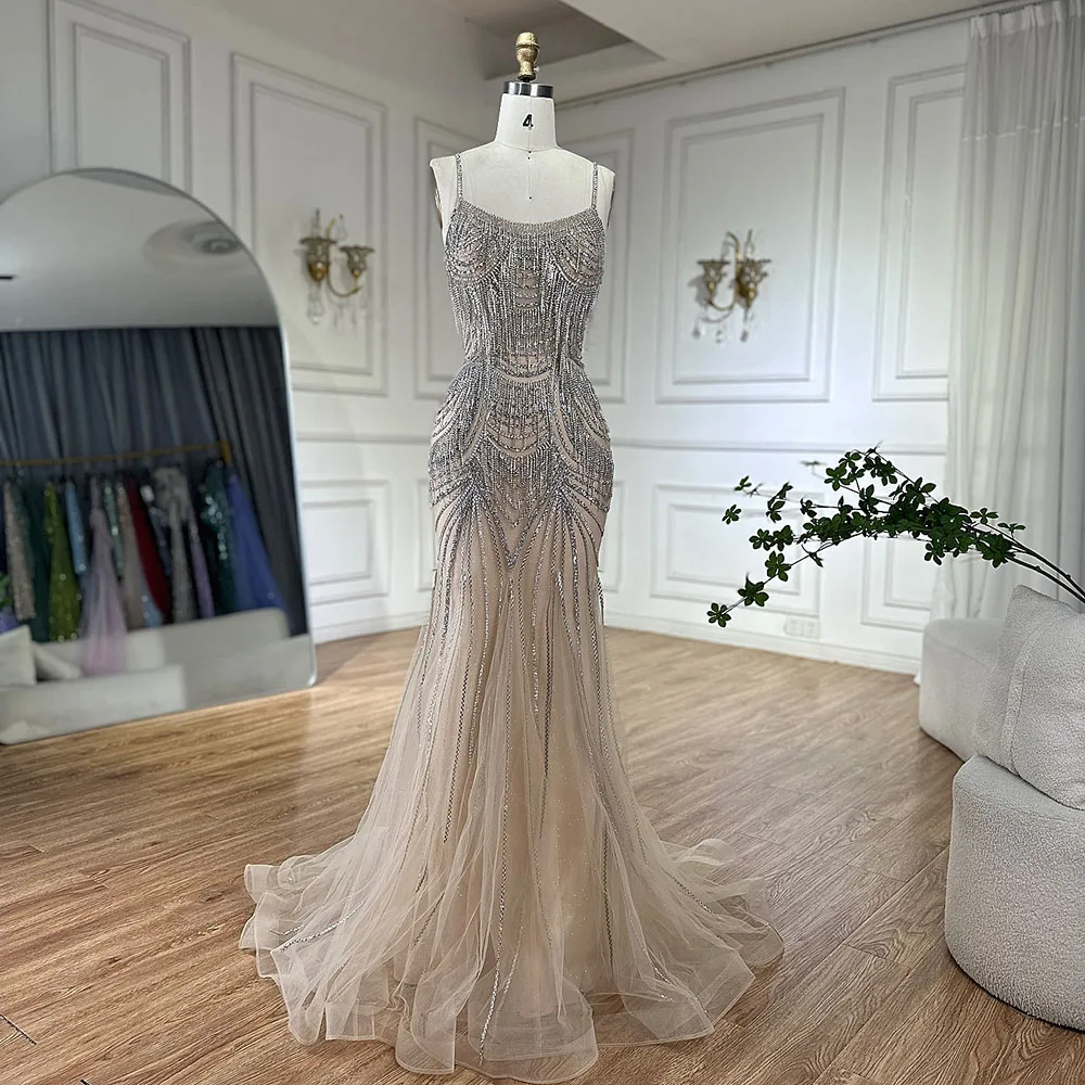 Luxury Nude Pink Crystal Tassel Mermaid Evening Dress LA72772 - Image 7