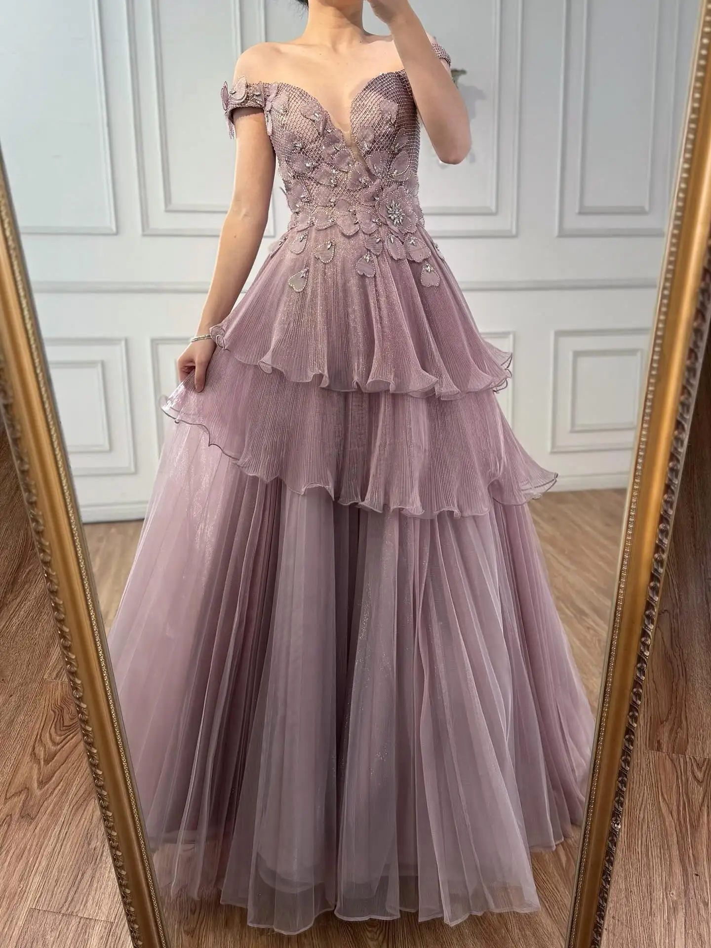 Luxury Pink Dreamy Ruffles Beaded A-Line Evening Dress LA73385 - Image 6