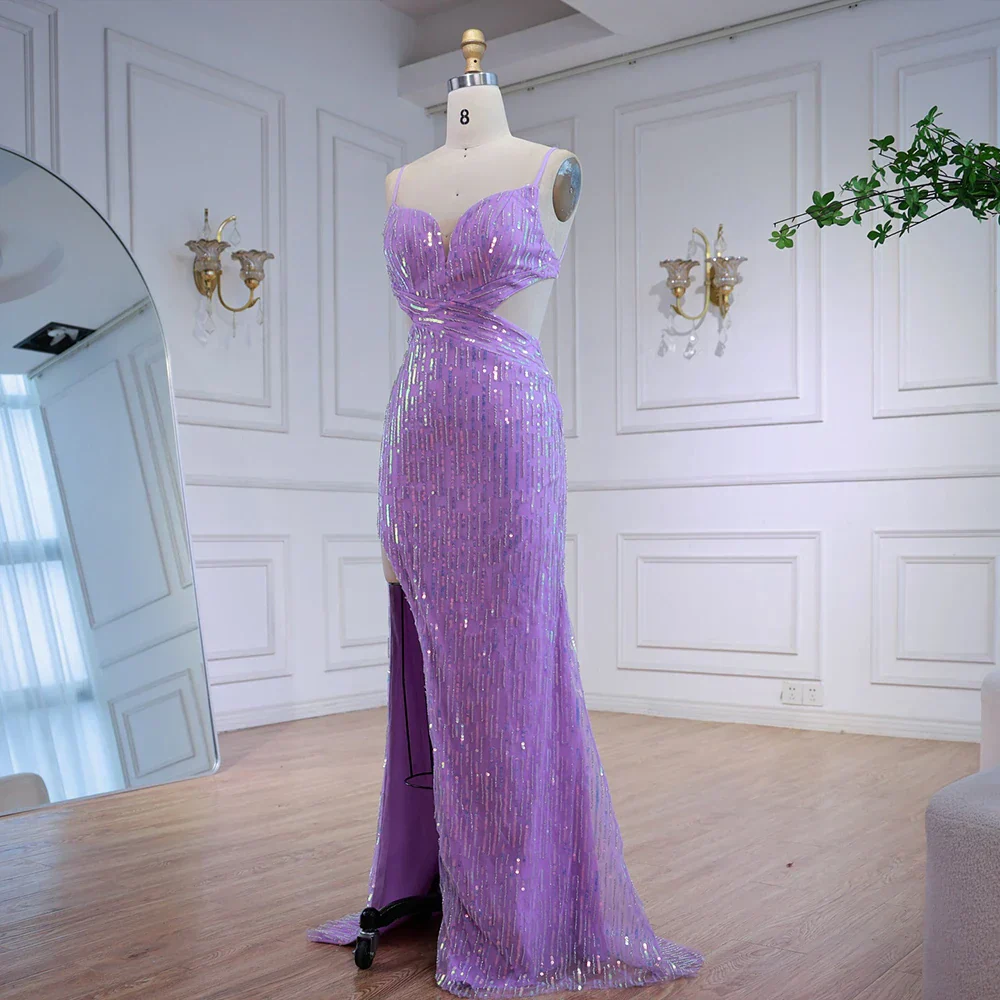 Luxury Purple Sequin Prom Dress with Slit and Cutout Waist LA73000 - Image 4