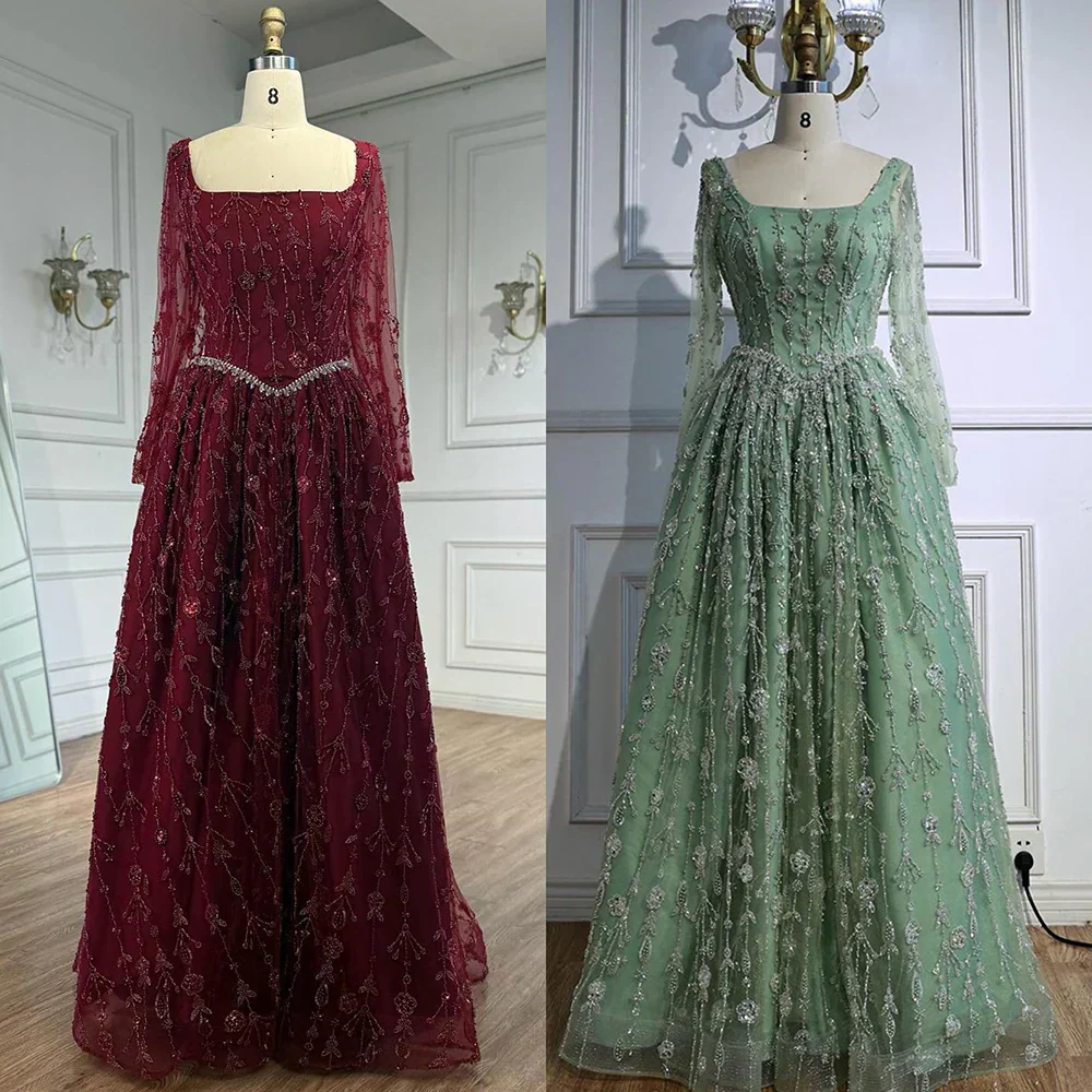 Luxury Sage Green Beaded Evening Dress with Long Sleeves LA72805B - Image 3