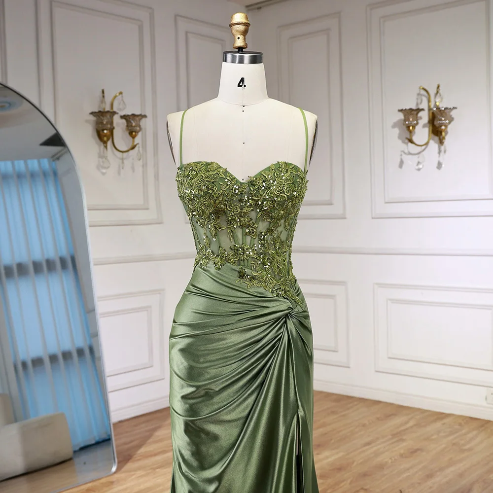 Luxury Sage Green Satin Prom Dress with Slit LA73032 - Image 6