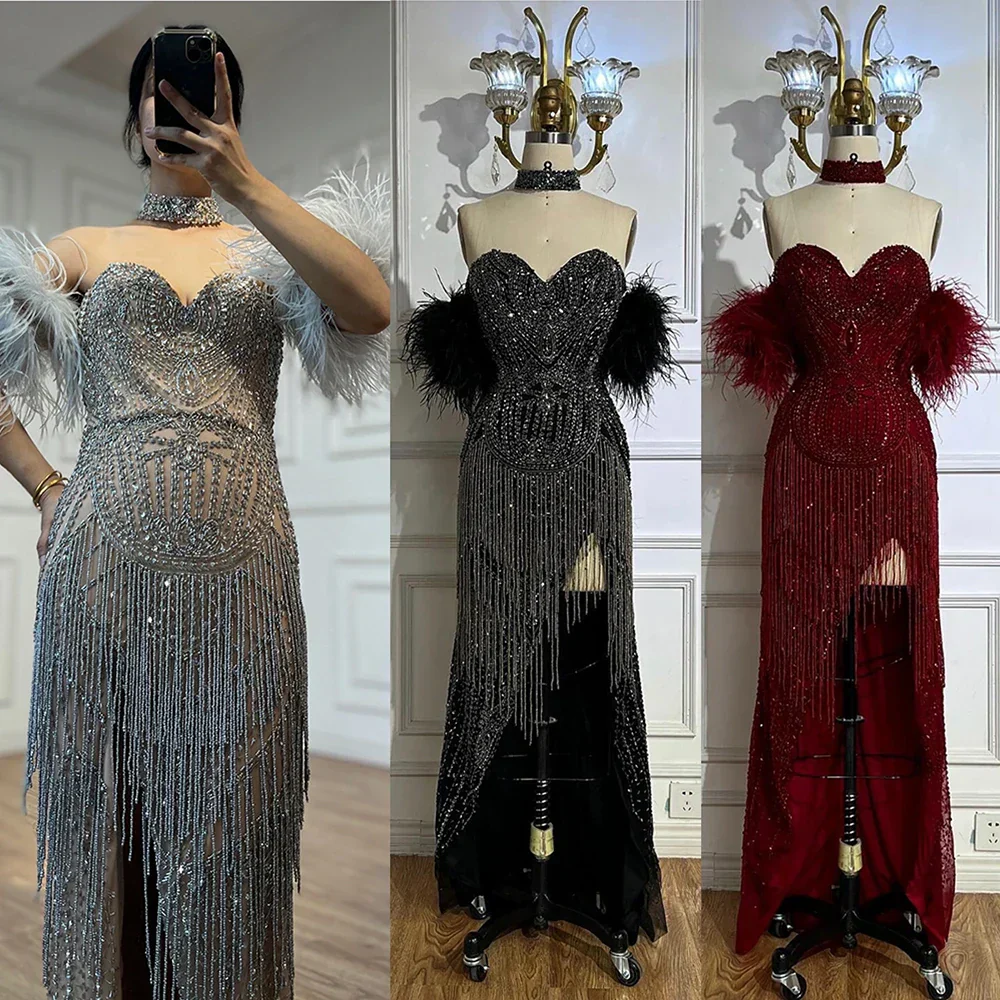Luxury Silver Nude Mermaid Evening Dress with Beaded Tassel LA72083 - Image 6
