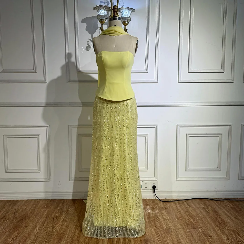 Luxury Yellow Chiffon Mermaid Evening Dress with Cape LA73007 - Image 11
