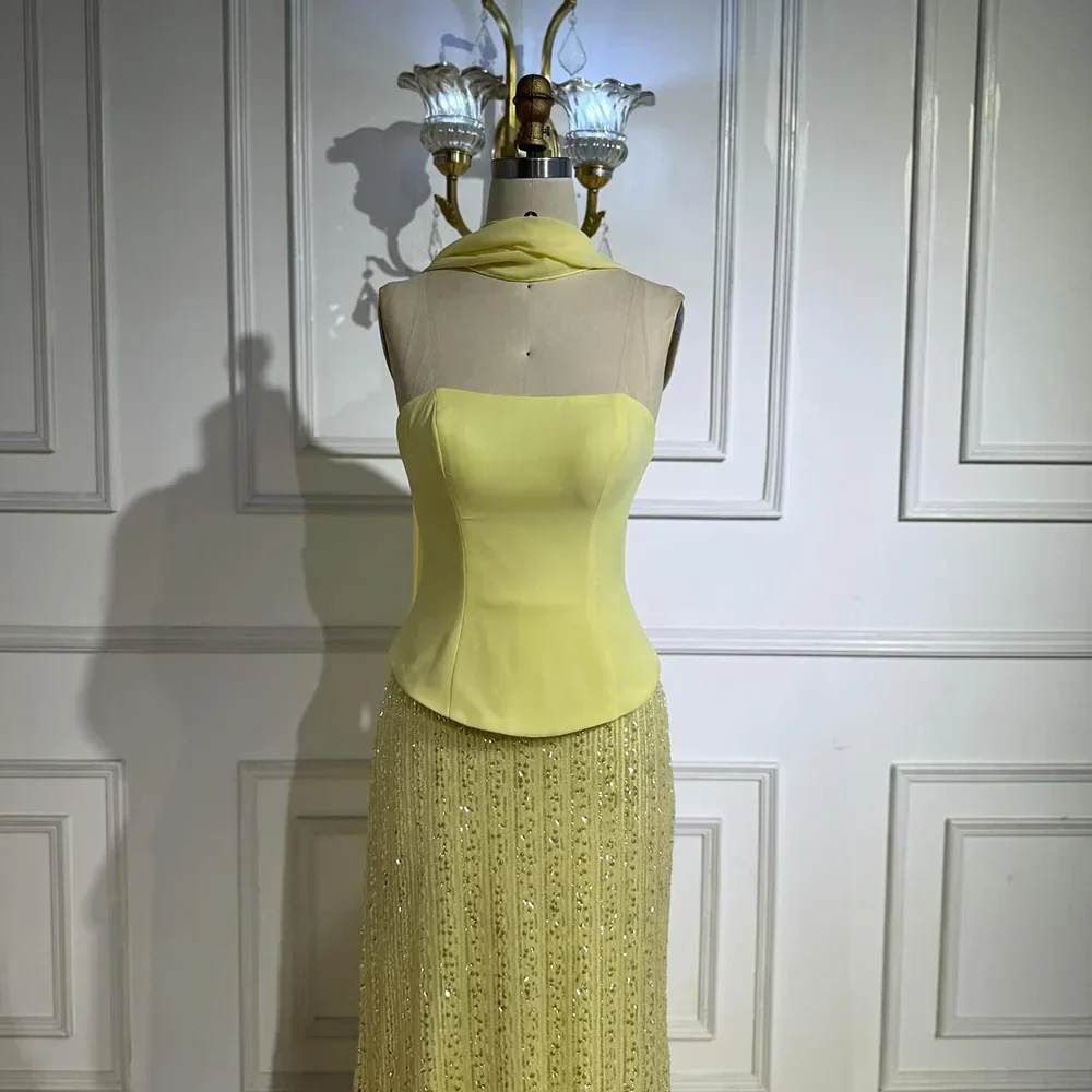 Luxury Yellow Chiffon Mermaid Evening Dress with Cape LA73007 - Image 12