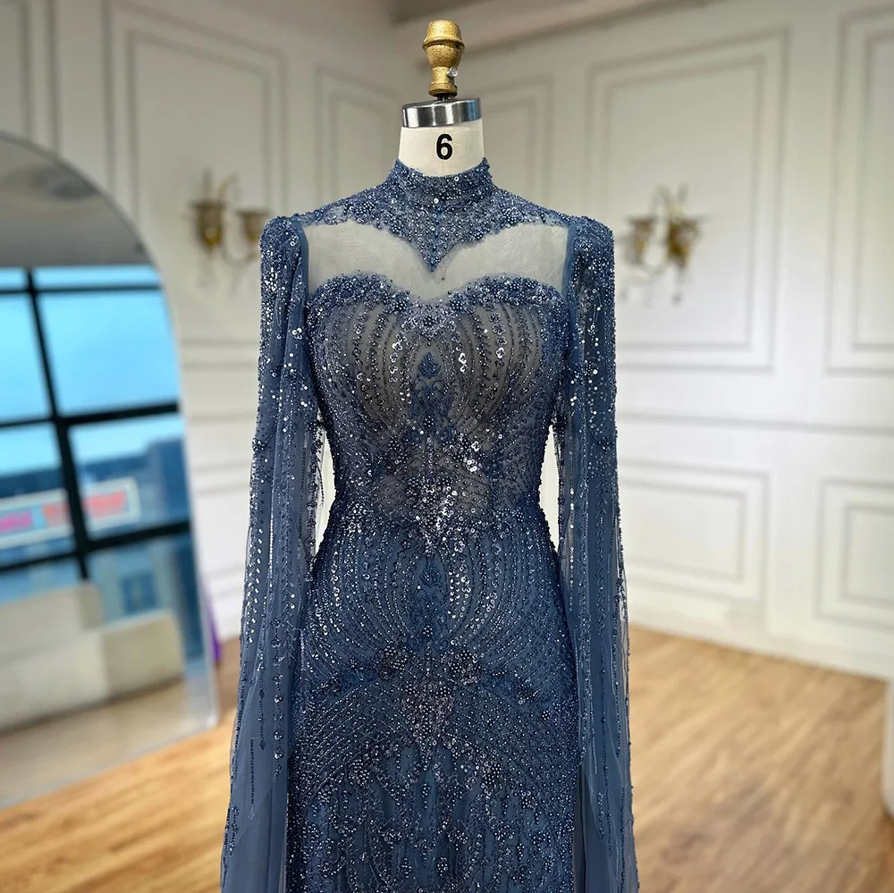 Luxury  Modest Blue Mermaid Evening Dress with Cape LA73006 - Image 10