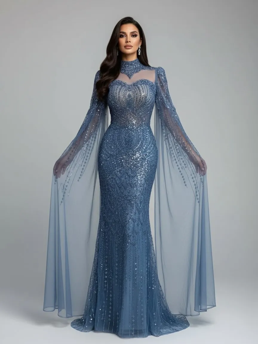 Luxury  Modest Blue Mermaid Evening Dress with Cape LA73006 - Image 2