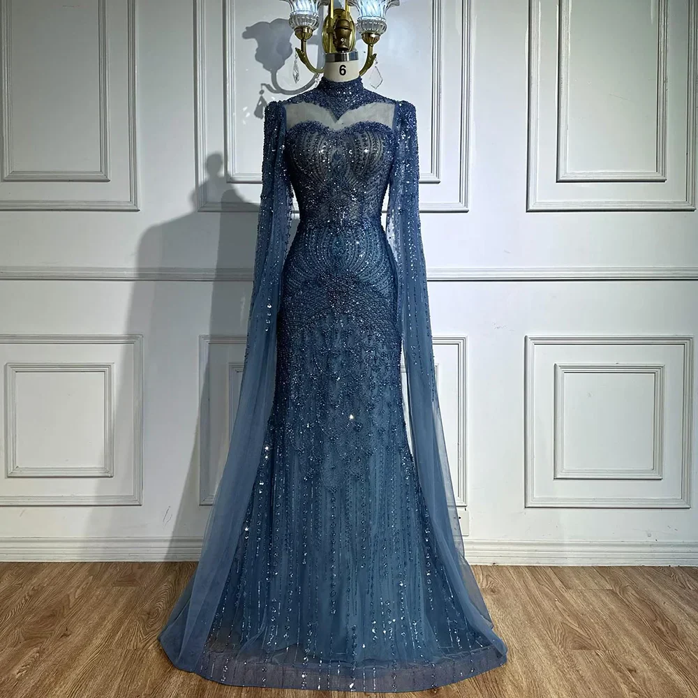 Luxury  Modest Blue Mermaid Evening Dress with Cape LA73006 - Image 3