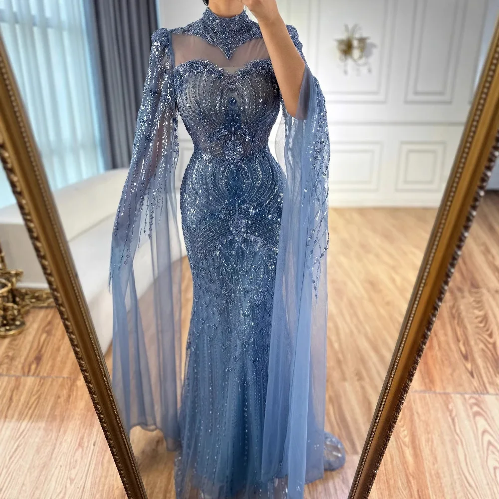 Luxury  Modest Blue Mermaid Evening Dress with Cape LA73006 - Image 4
