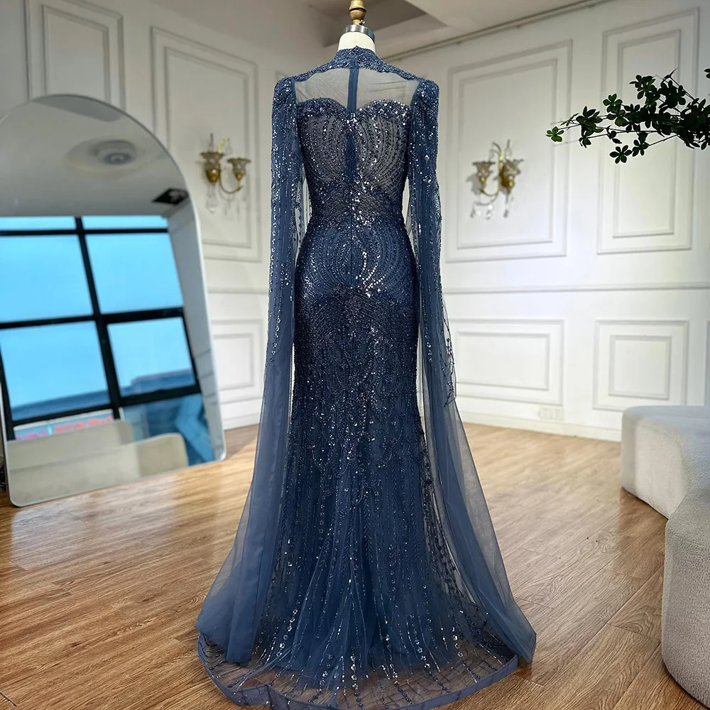 Luxury  Modest Blue Mermaid Evening Dress with Cape LA73006 - Image 5