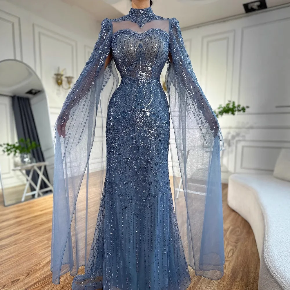 Luxury  Modest Blue Mermaid Evening Dress with Cape LA73006 - Image 7