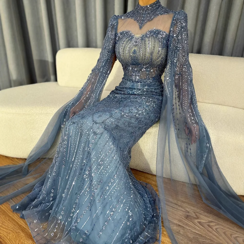 Luxury  Modest Blue Mermaid Evening Dress with Cape LA73006 - Image 8