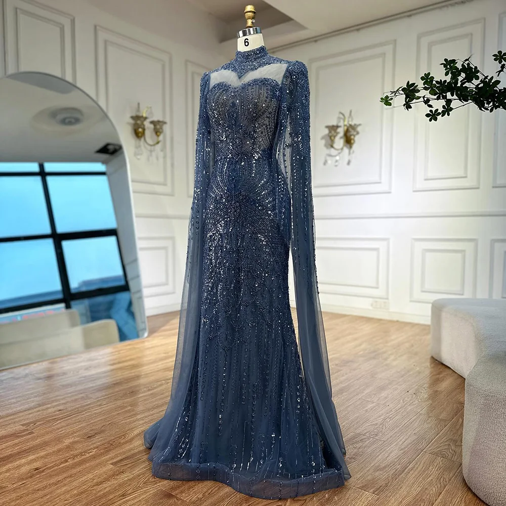 Luxury  Modest Blue Mermaid Evening Dress with Cape LA73006 - Image 9