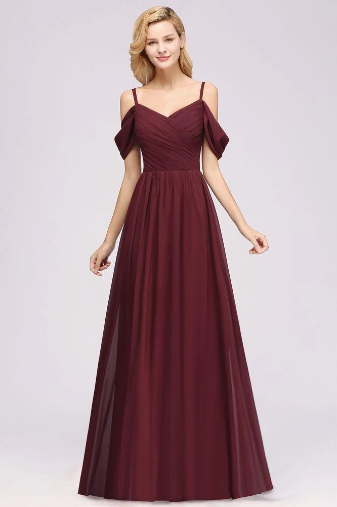 Off-the-Shoulder A-line Chiffon Bridesmaid Dress Floor-Length Wedding Guest Dress - Image 3