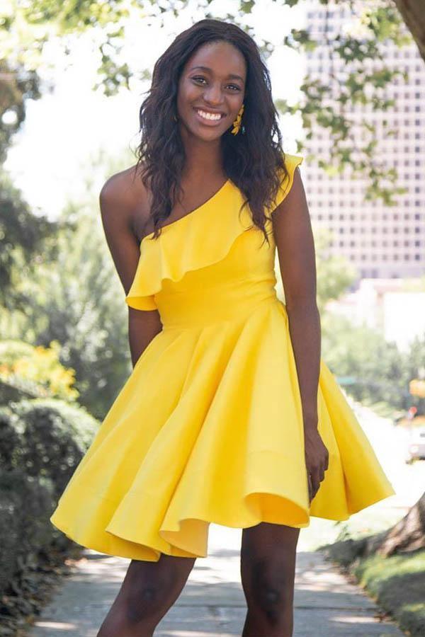 One Shoulder Ruffled Short Prom Dress Yellow Homecoming Dress