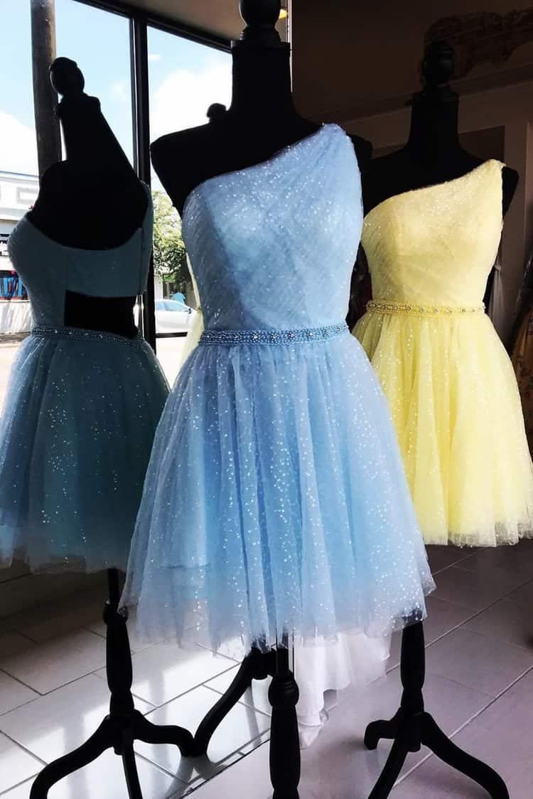 One Shoulder Yellow Chic Tulle Homecoming Dress Cute Graduation Dress - Image 3