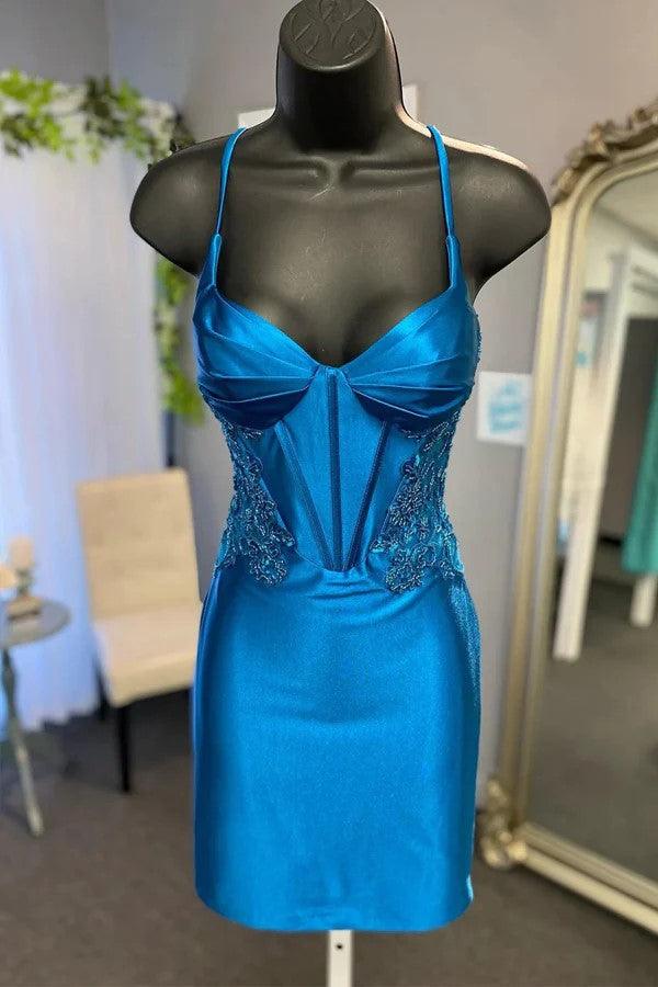 Peacock Blue Short Corset Homecoming Dress with Appliques - Image 4