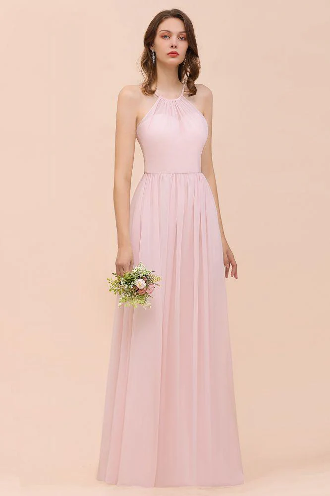 Pink Girls Bridesmaid Dress Halter Floor Length Chiffon Beach Wedding Party Dress - Image 5