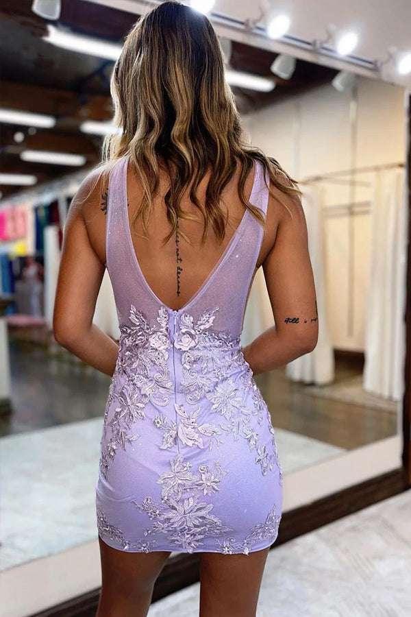 Plunging V-Neck Lavender Straps Appliques Illusion Homecoming Dress - Image 3