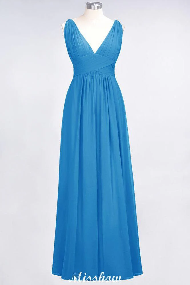 Ruffle Chiffon Sleeveless Evening Maxi Gown V-Neck Bridesmaid Dress - Image 30