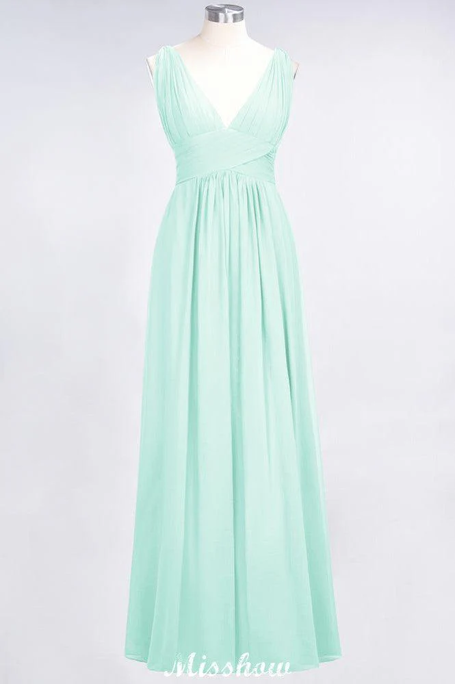 Ruffle Chiffon Sleeveless Evening Maxi Gown V-Neck Bridesmaid Dress - Image 40