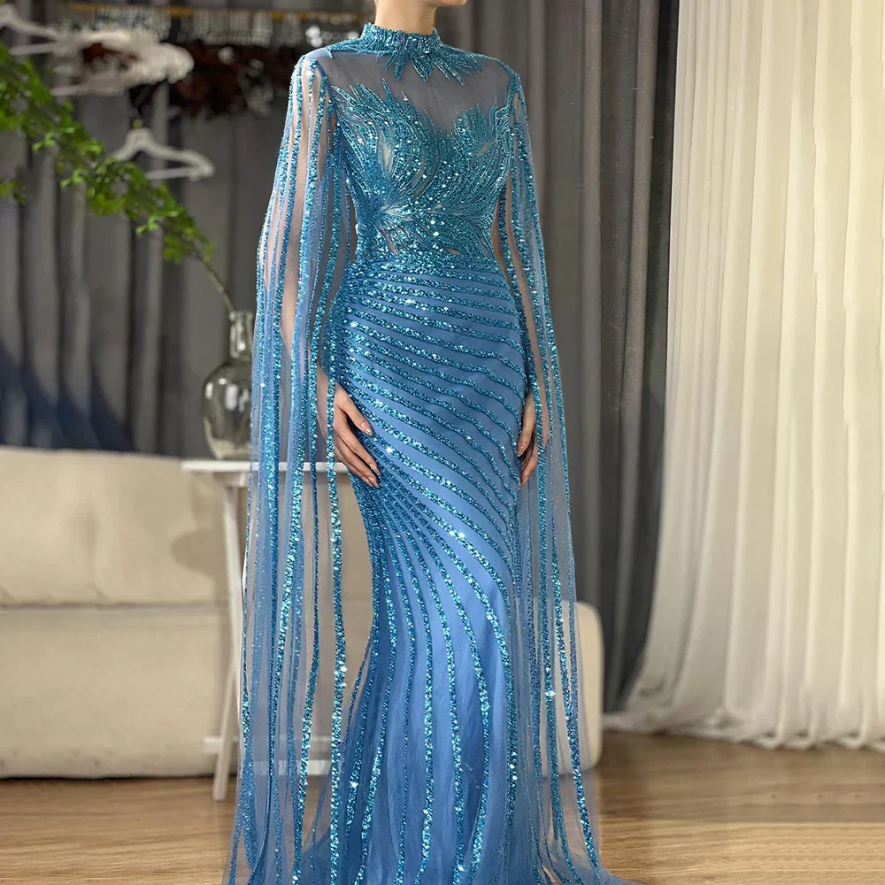 Luxury Dubai Arabic Nude Mermaid Long Evening Dresses With Cape - Image 4