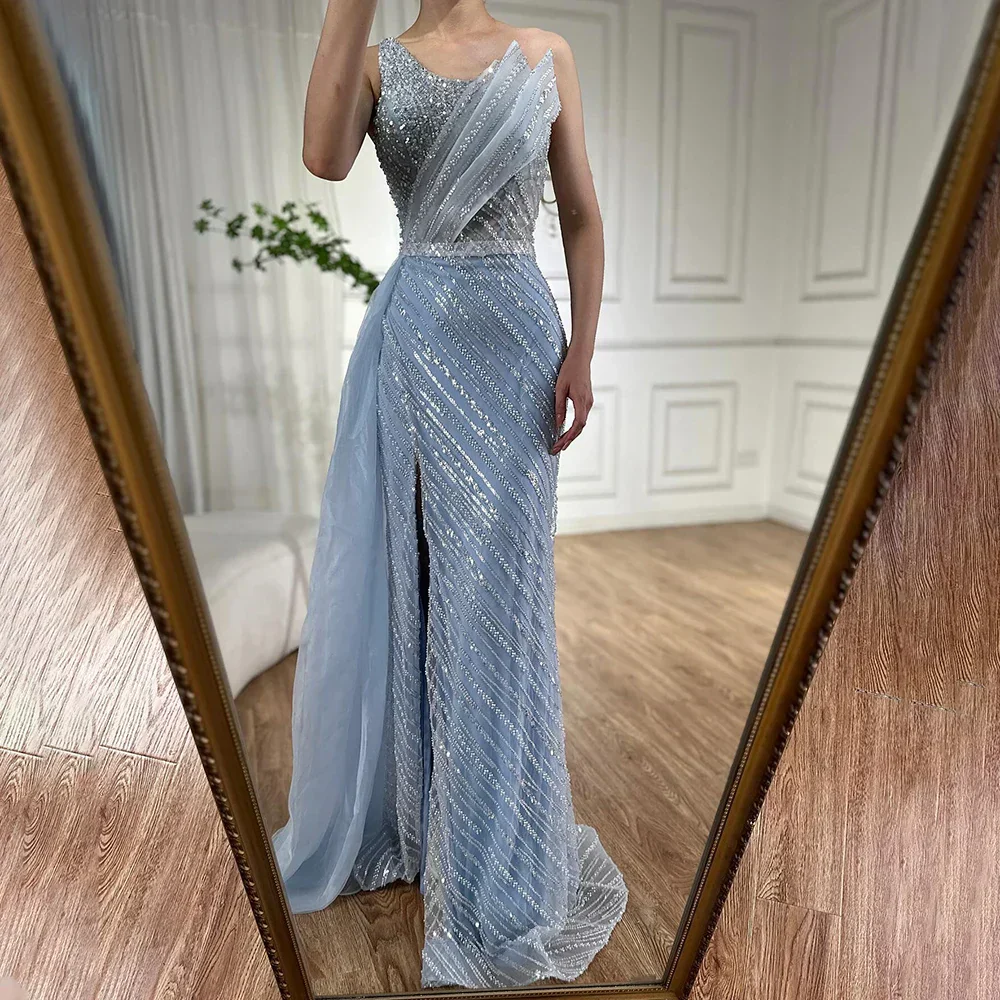 Luxury Dubai &nbsp;Blue One Shoulder Split Saudi Evening Gown with Beaded Side Overskirt Dress for Formal Occasion&nbsp; - Image 2