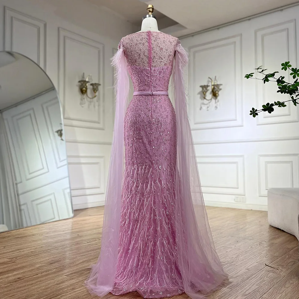 Serene Hill &nbsp;Pink Cape Sleeves Dubai Evening Gown Mermaid with Side Skirt Feathers Beaded Dress for Women's Party - Image 4
